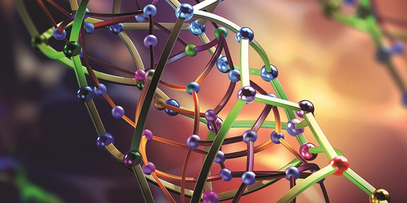 Interconnected colorful dots representing a diagram of an atom