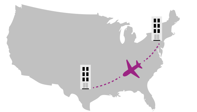 Map of the United States with airplane path from New York to Texas