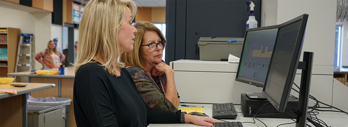 Two women looking at computer monitors together