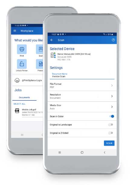 Two smartphones showing the Xerox Workplace Mobile App