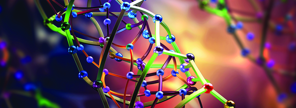 Interconnected colorful dots representing a diagram of an atom