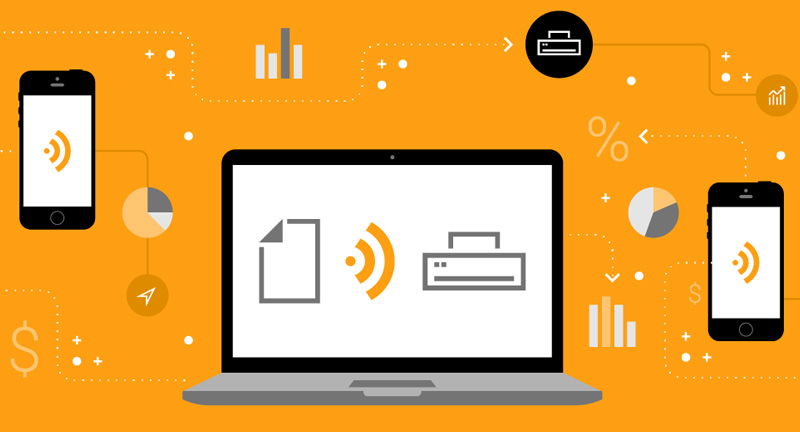 Infographic showing interconnected laptop, smartphones, printer, charts, data