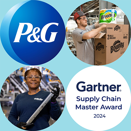 Four circles are arranged in a square configuration against a light blue background. The blue Procter and Gamble logo. An image of a male plant worker. An image of a female plant worker. Text that reads, "Garner supply chain master award 2024."