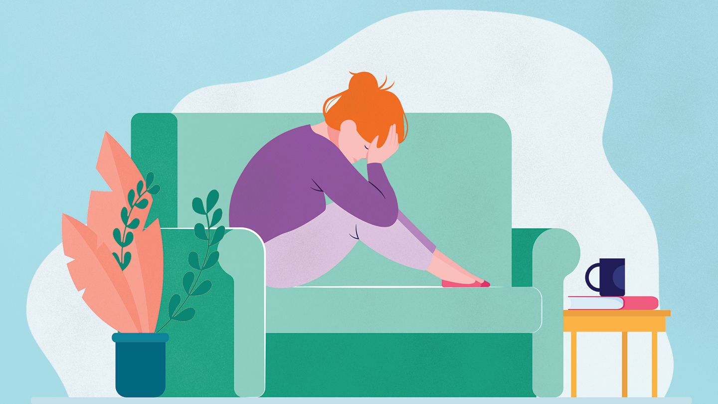 illustration woman on couch, head in hands, depressed, sad