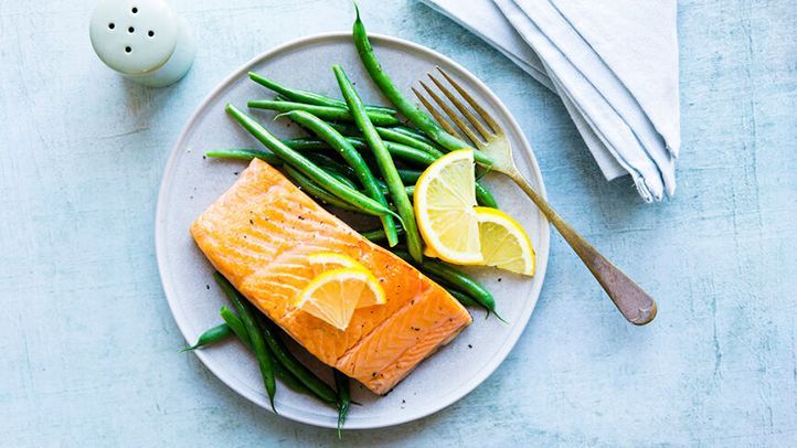 a plate of salmon and green beans