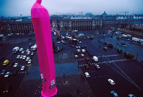 Giant condom on the obelisk in Paris, 1993.