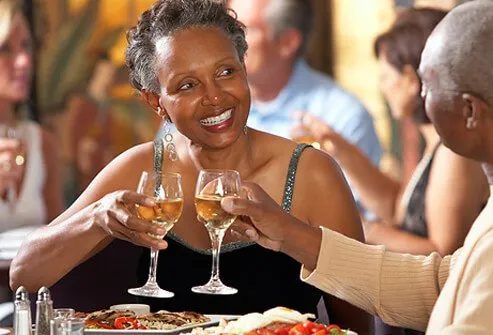 Couple celebrating with dinner and wine.