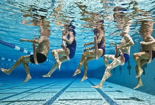 An exercise group does water aerobics.