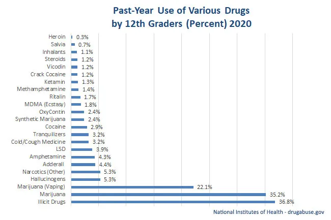 2013 statistics graph chart shows use of various drugs by 12th graders (percent). 