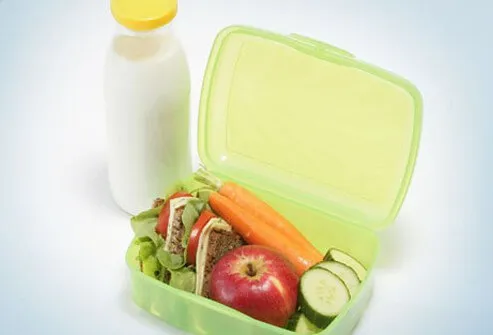 Photo of a healthy lunch and bottle of milk.