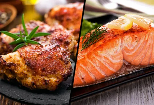 Are chicken thighs or salmon filets lower in saturated fat?