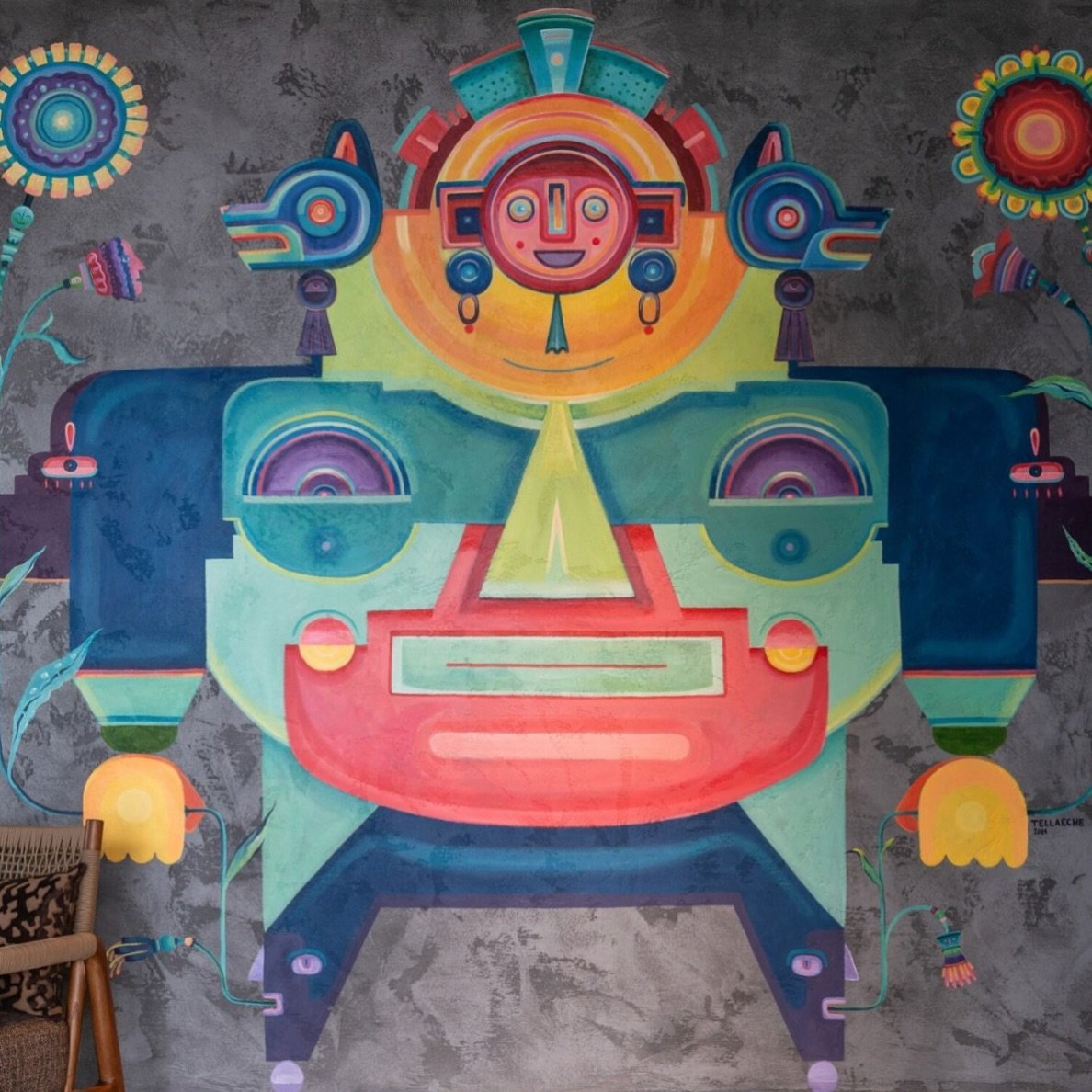 The #LosMochisLondonCity mural, created by @tellaeche serves as a warm welcome to the dining area. Drawing inspiration from the concept of Pachamama or &ldquo;Earth Mother&rdquo;, the mural invites guests to indulge in a celebration of life, food, an