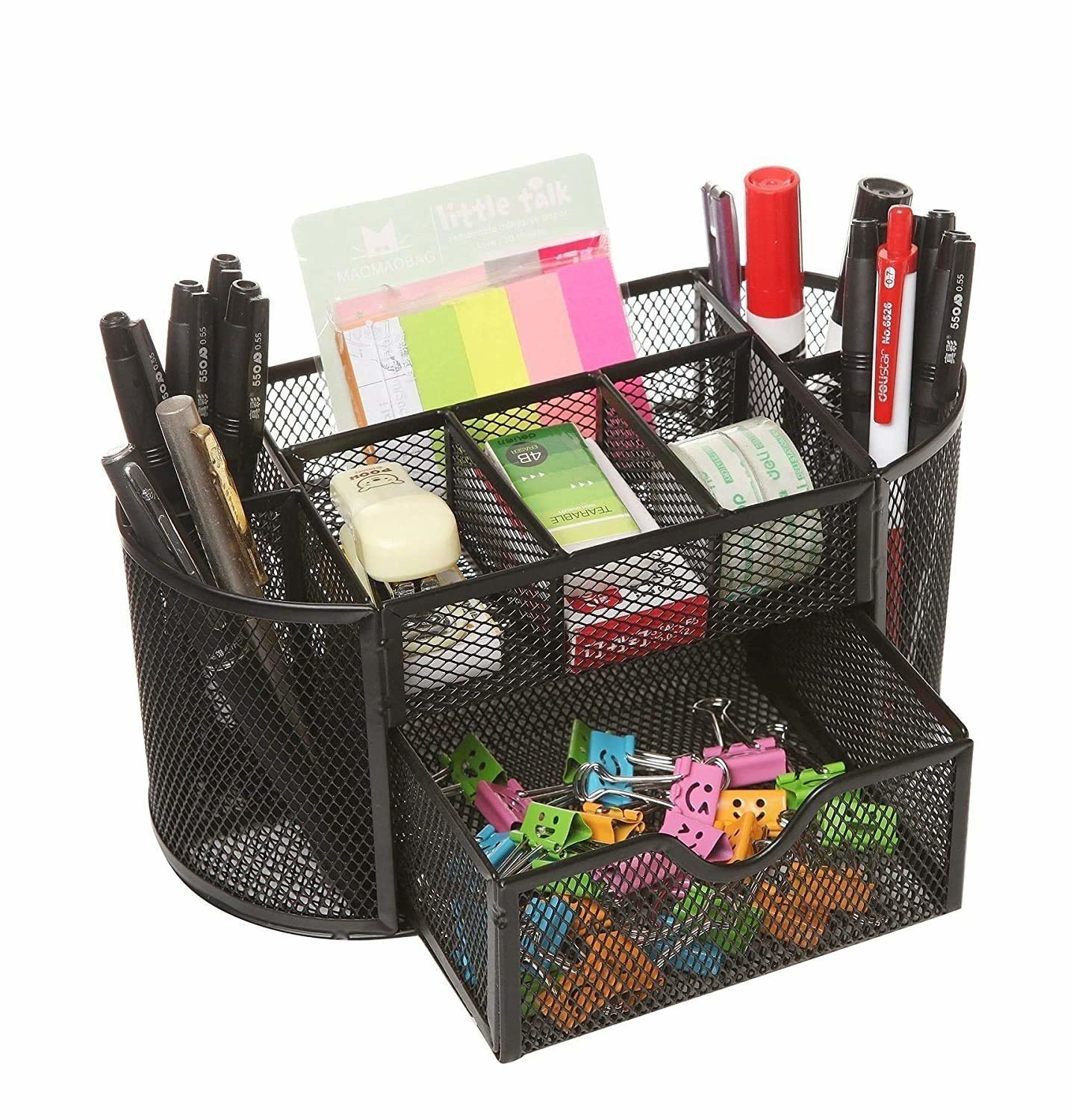 A wired mesh desk organiser 