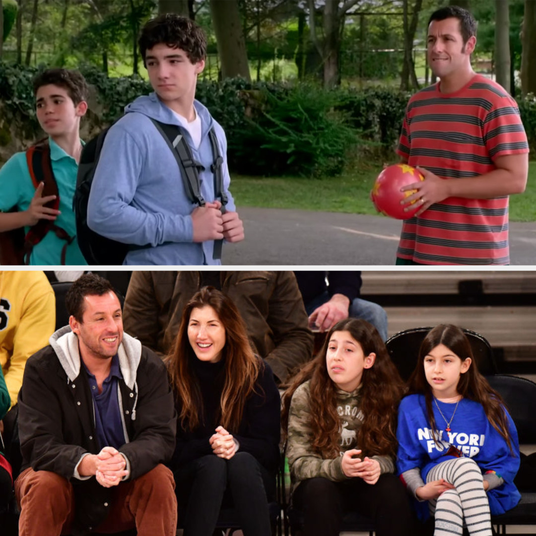 Top: Adam Sandler with his fictional sons in Grown Ups Bottom: Adam Sandler with his wife and daughters, Sadie and Sunny