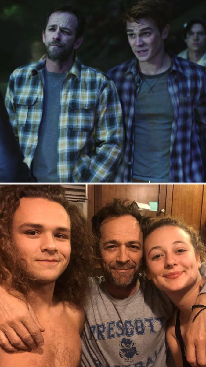 Top: Luke Perry in character as Fred Andrews standing next to KJ Apa who is also in character as Archie Andrews Bottom: Luke Perry with his arms around his children Jack Perry and Sophie Perry