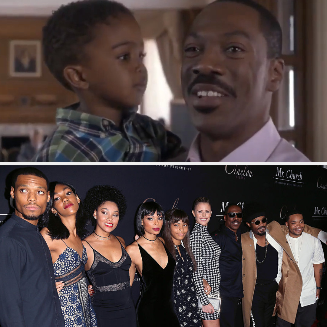 Top: Eddie Murphy holding his TV baby Bottom: Eddie Murphy with his seven children