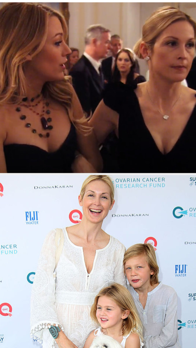 Top: Kelly Rutherford in character as Lilly van der Woodsen with Blake Lively who is in character as Serena van der Woodsen Bottom: Kelly Rutherford with her children Hermés and Helena