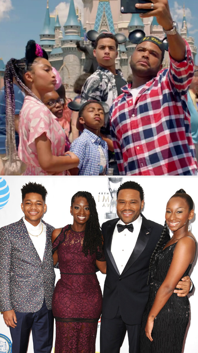 Top: Anthony Anderson in character as Andre Johnson with his TV children in Black-ish Bottom: Anthony Anderson with his wife, son, and daughter