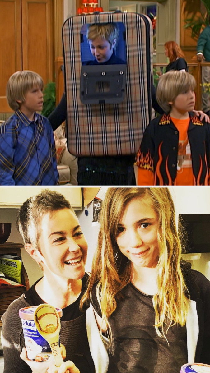 Top: Kim Rhodes in character as Carey Martin sitting next to her co-star TV children Cole and Dylan Sprouse Bottom: Kim Rhodes holding pints of ice cream with her child Tabitha Hodges