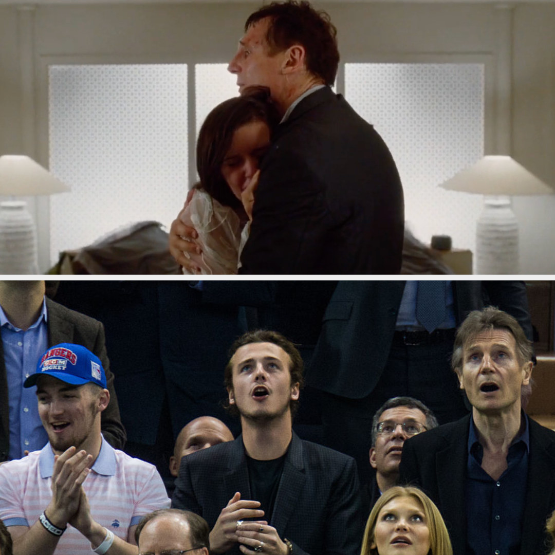 Top: Liam Neeson in character as Bryan Mills with his TV daughter in Taken Bottom: Liam Neeson with his two sons Micheál and Daniel at a hockey game