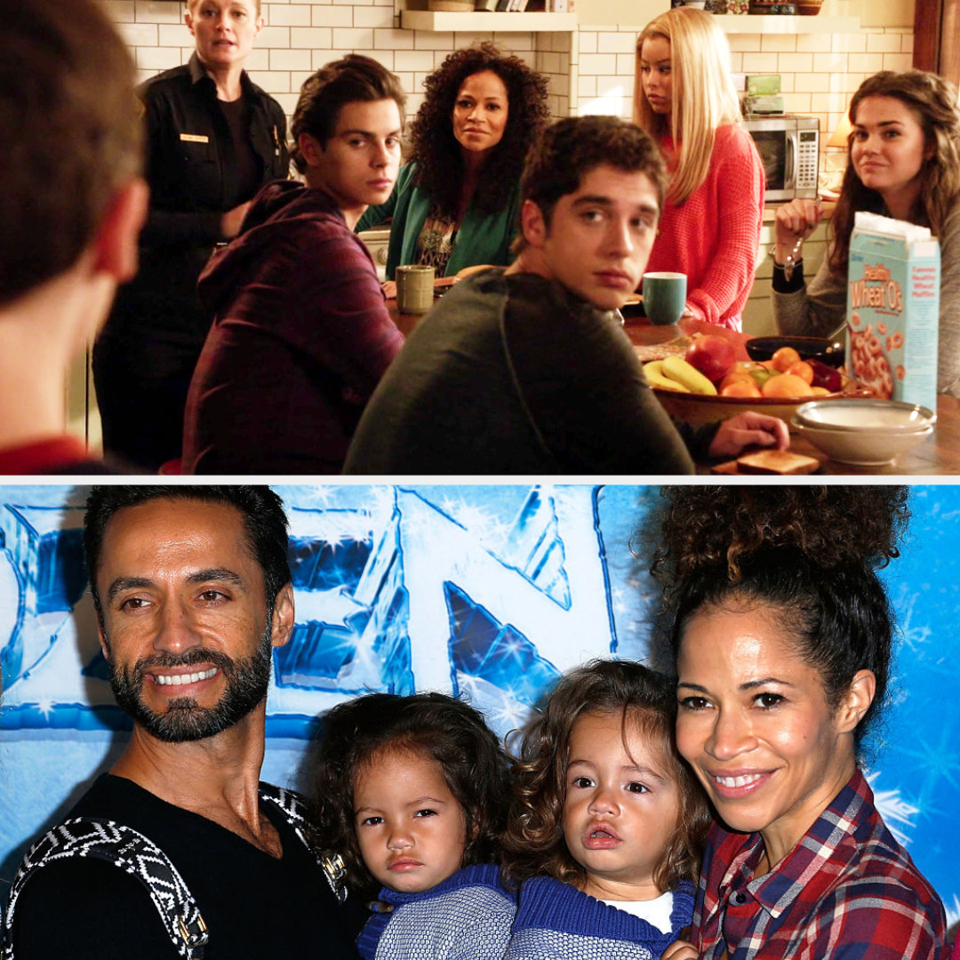 Top: Sherri Saum with her fictional TV children and wife, Bottom: Sherri Saum with her husband and her children John and Michael