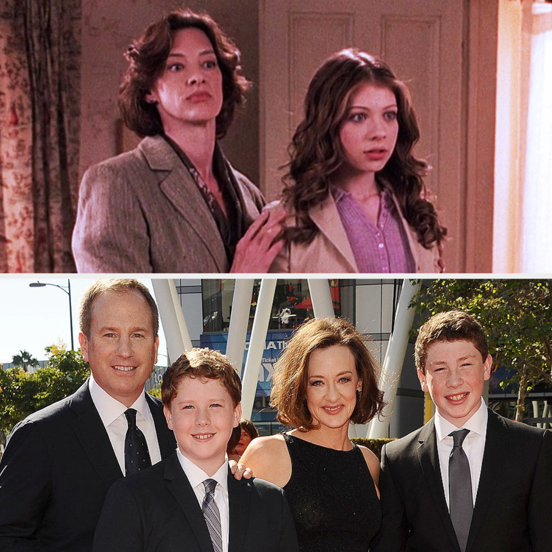 Top: Joan Cusack in character as Joan Carlyle talks to her fictional daughter played by Michelle Trachtenberg Bottom: Joan Cusack with her husband and her children Miles and Dylan