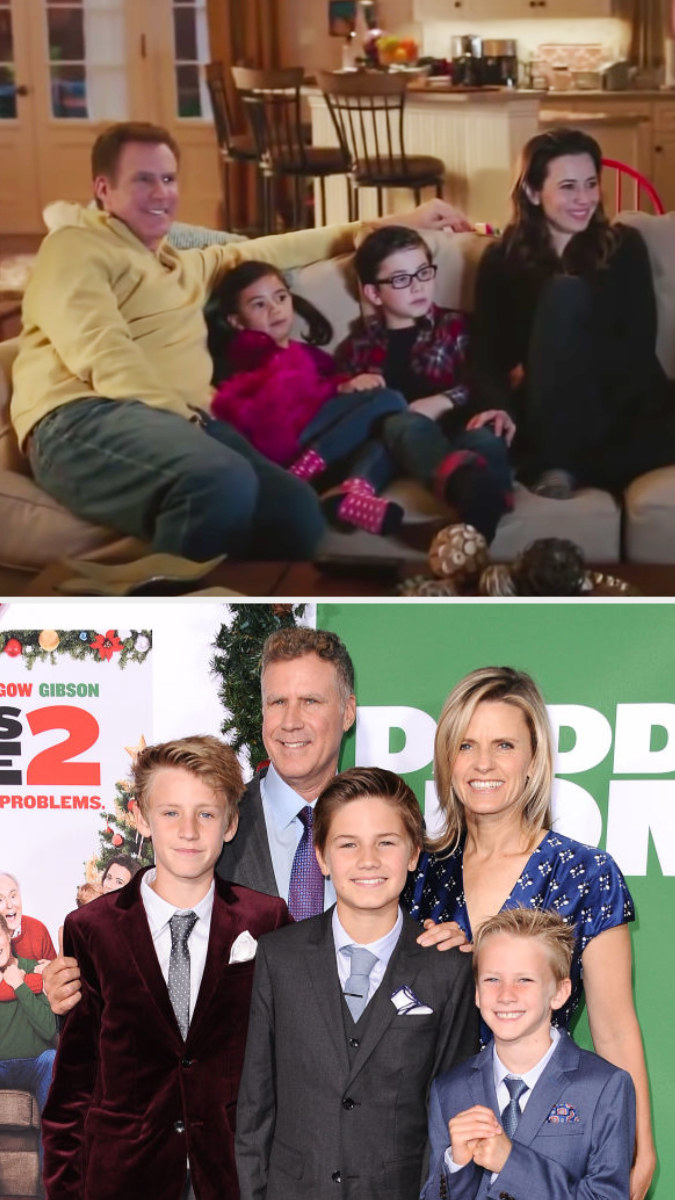 Top: Will Ferrell in character as Brad Whitaker with his fictional TV stepchildren and wife sitting on the couch Bottom: Will Ferrell with his wife and his kids Magnus, Mattias, and Axel