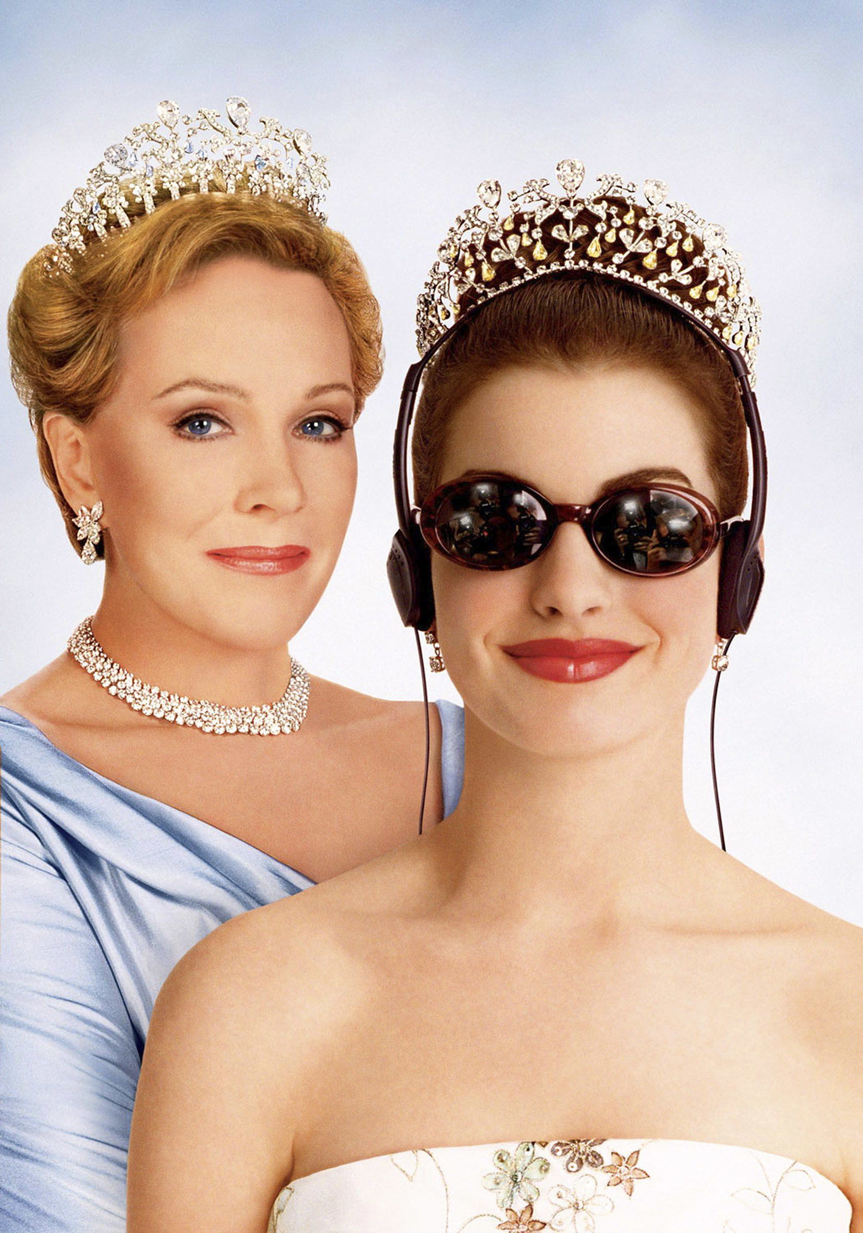 Julie Andrews as the Queen and Anne Hathaway as the princess, with headphones and sunglasses on