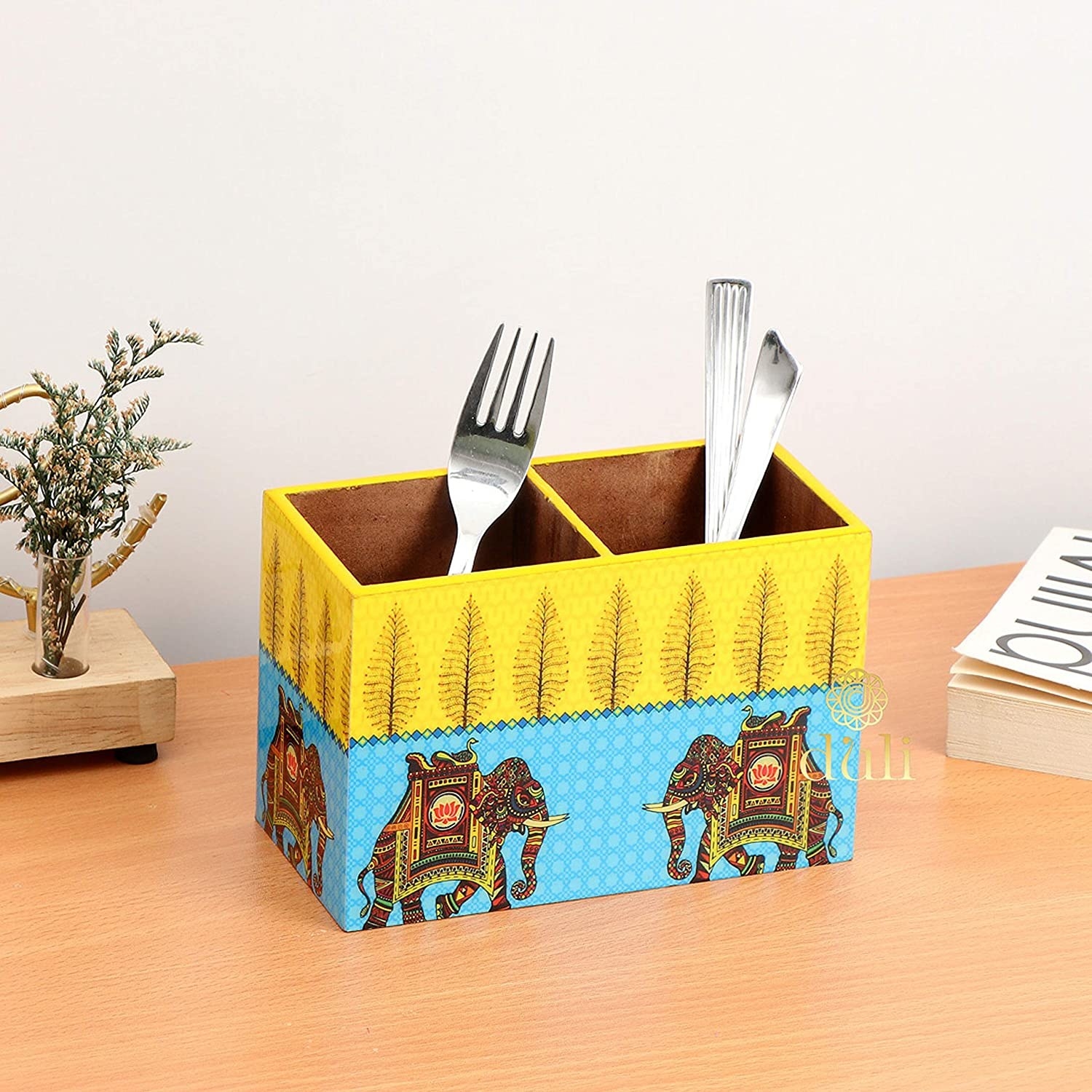 A cutlery organiser with forks and knives