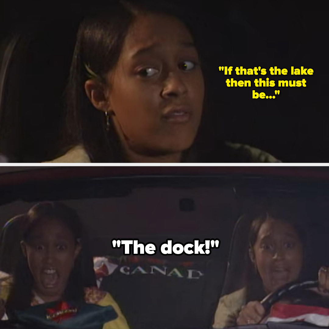 A picture of Tia at the top looking scared saying, &quot;If that&#x27;s the lake then this must be...&quot; with both of them saying &quot;The dock!&quot; in unison