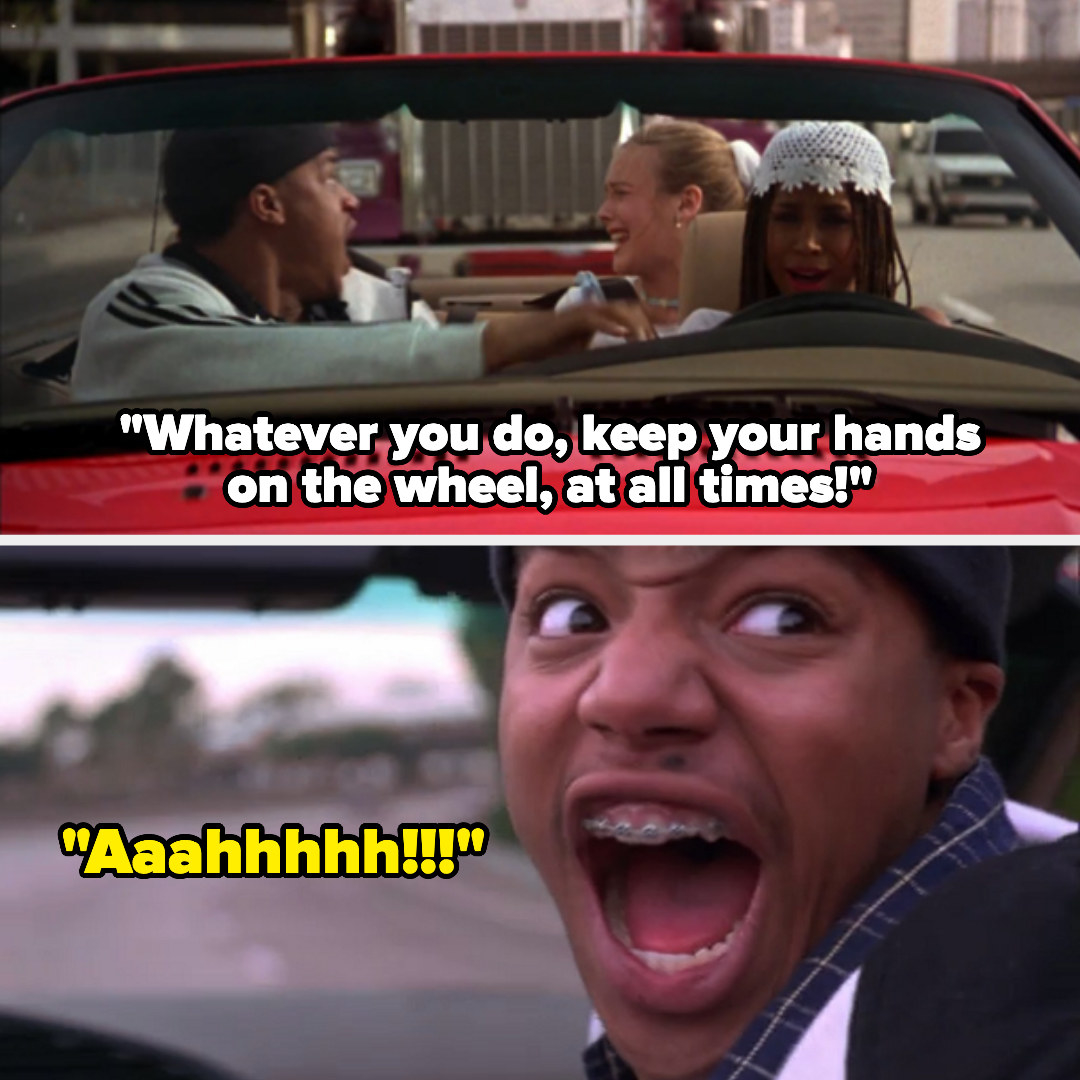 In Clueless actor Donald Faison plays Murray who is seen in the car with Cher and Dionne saying, &quot;Whatever you do, keep your hands on the wheel, at all times!&quot; and then below is a picture of him going &quot;Aaahhhhh!!!&quot;