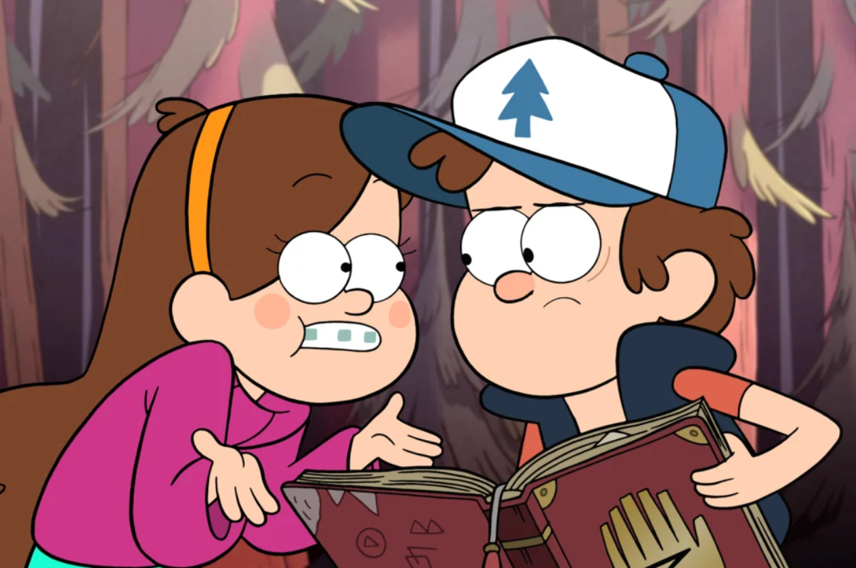 Mabel and Dipper from Gravity Falls examine a mysterious book with a handprint symbol, looking perplexed in a forest setting