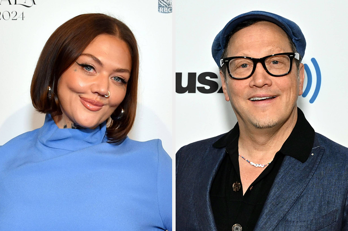 Elle King and Rob Schneider at an event. Elle is in a high-neck outfit, and Rob is wearing a hat and glasses