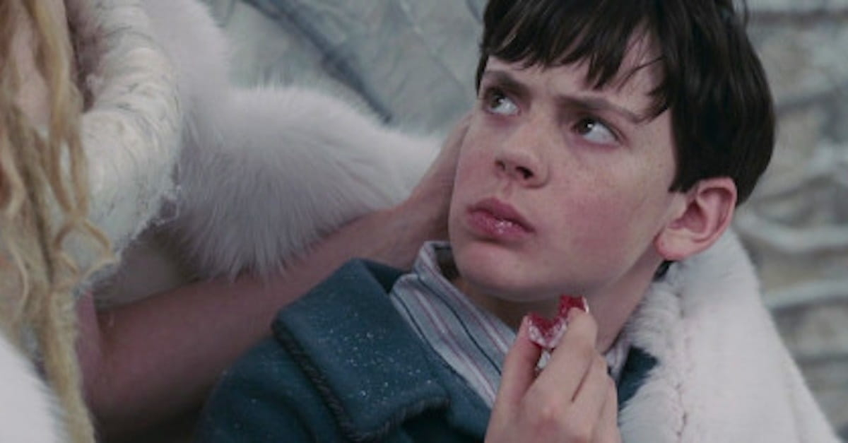 Edmund Pevensie, in a blue coat, looks up in concern holding Turkish Delight, with the White Witch&#x27;s fur-clad arm around him