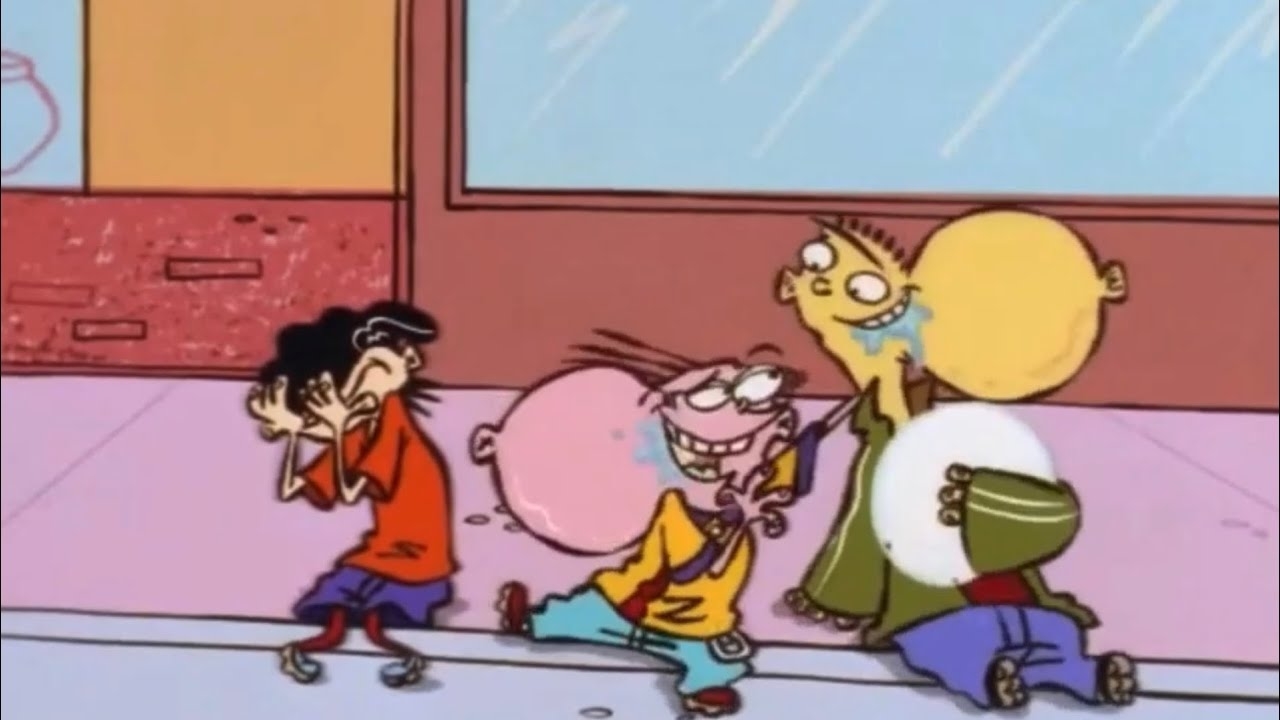 Nazz, Ed, Edd, and Eddy walking on a sidewalk, laughing and smiling, from the animated show &quot;Ed, Edd n Eddy&quot;. Eddy wears a yellow shirt, Ed a green jacket