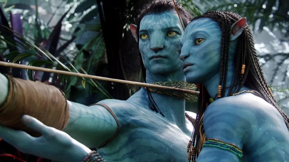 Jake Sully and Neytiri from &quot;Avatar&quot; aiming a bow in a lush, forested setting