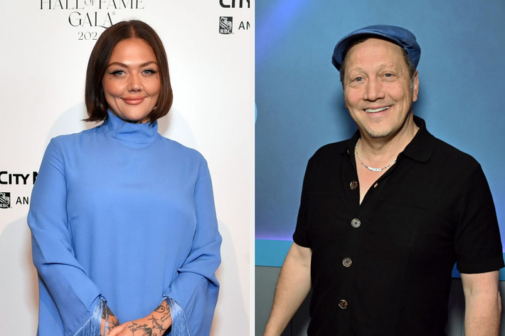 Left: Tove Lo in a blue long-sleeve dress at the Hall of Fame Gala 2023. Right: Rob Schneider in a black shirt and blue hat, smiling