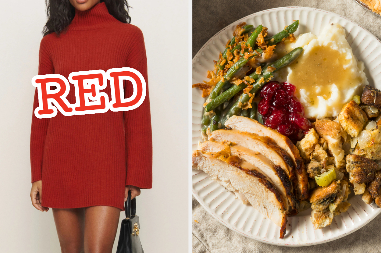 On the left, someone in in turtleneck sweater dress labeled red, and on the right, a Thanksgiving meal with turkey, green beans, mashed potatoes, cranberry sauce and stuffing on a plate