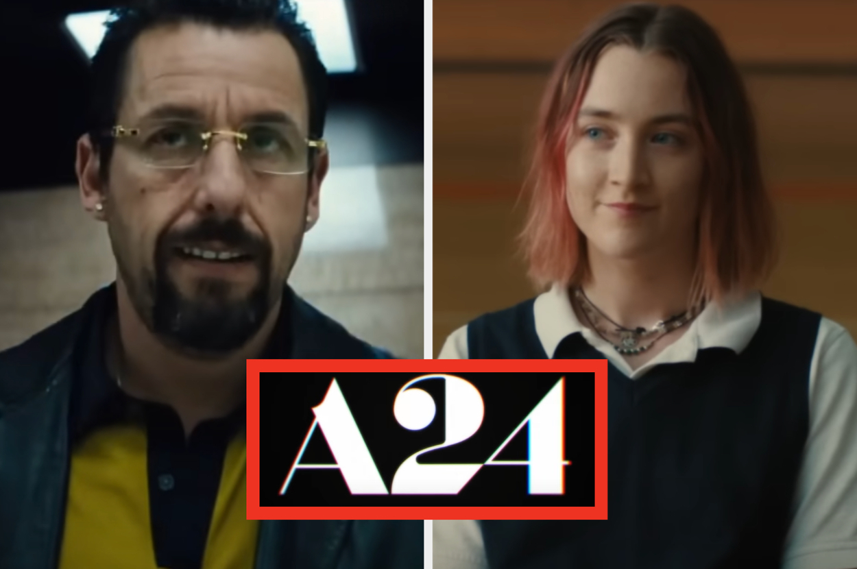 Split image: Left, a man with glasses; Right, a woman smiling. Centered A24 logo