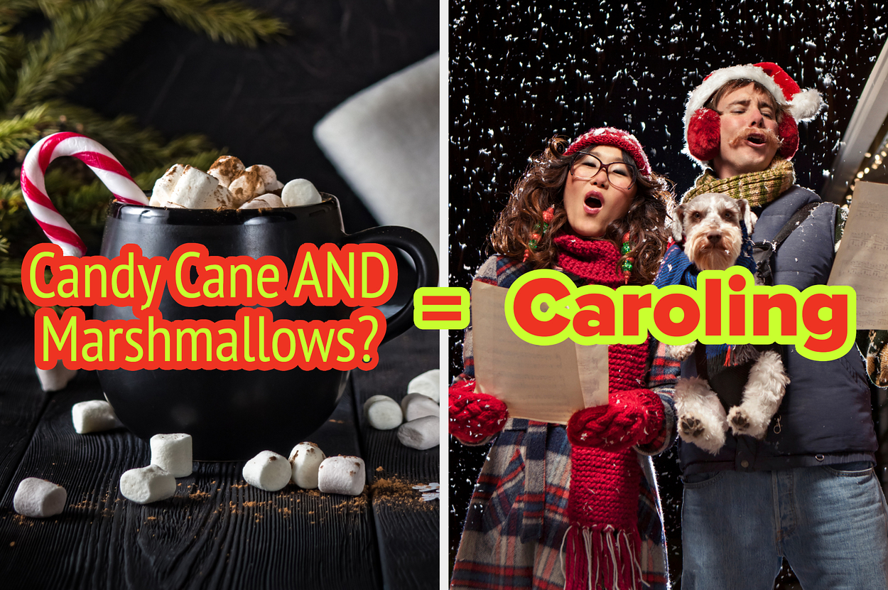 Hot cocoa with candy canes and marshmallows equals caroling, featuring a couple and a dog in winter attire holding song sheets