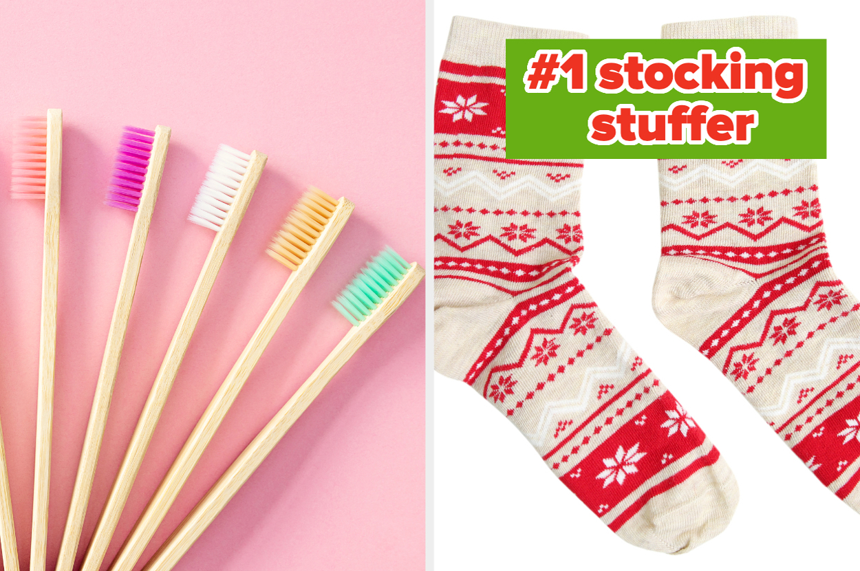 Toothbrushes and holiday-themed socks with text: "#1 stocking stuffer."