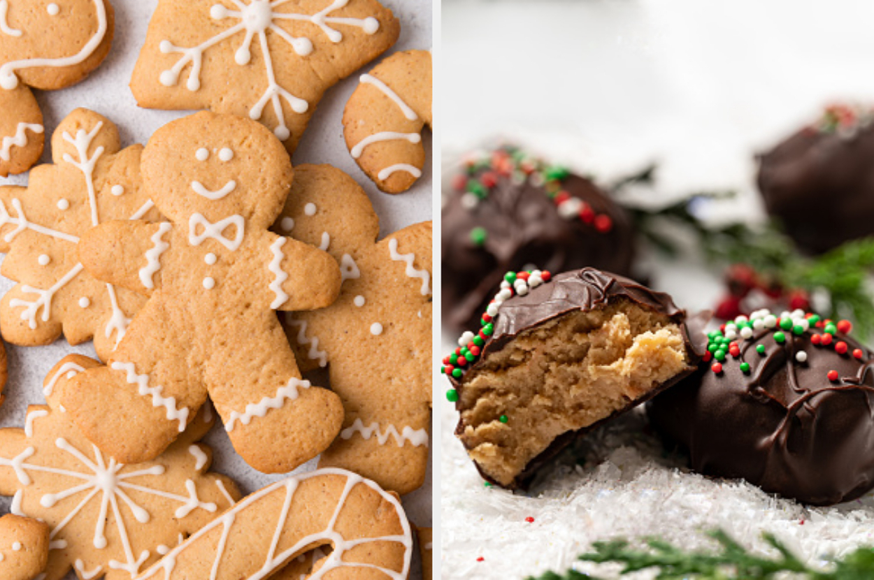 Gingerbread cookies with icing next to chocolate-covered peanut butter balls with holiday sprinkles