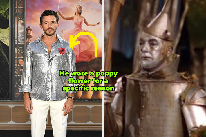 Left: Individual in shiny, metallic shirt and white pants at an event. Right: Tin Man character holding an axe from "The Wizard of Oz."