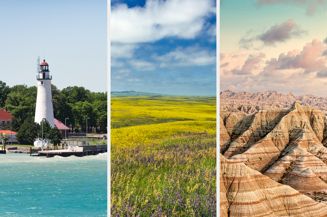 A lighthouse by the water, a vast field of wildflowers, and a rugged desert landscape under a partly cloudy sky