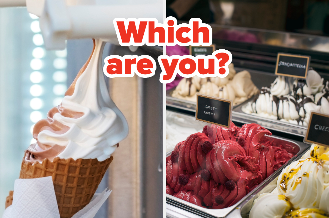 Swirled soft serve cone next to a display of gelato flavors with text "Which are you?"