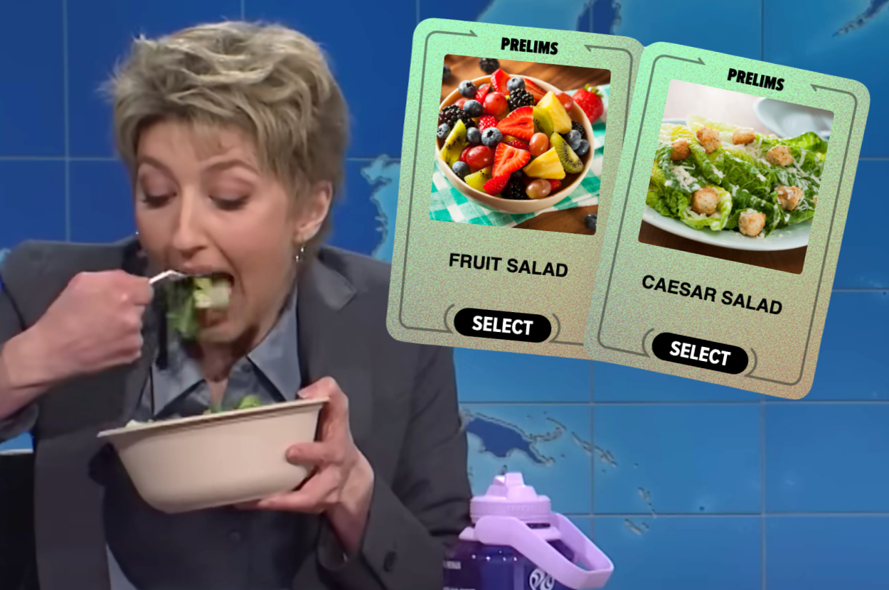 Heidi Gardner eating a salad on Weekend Update on SNL next to two cards reading fruit salad and Caesar salad