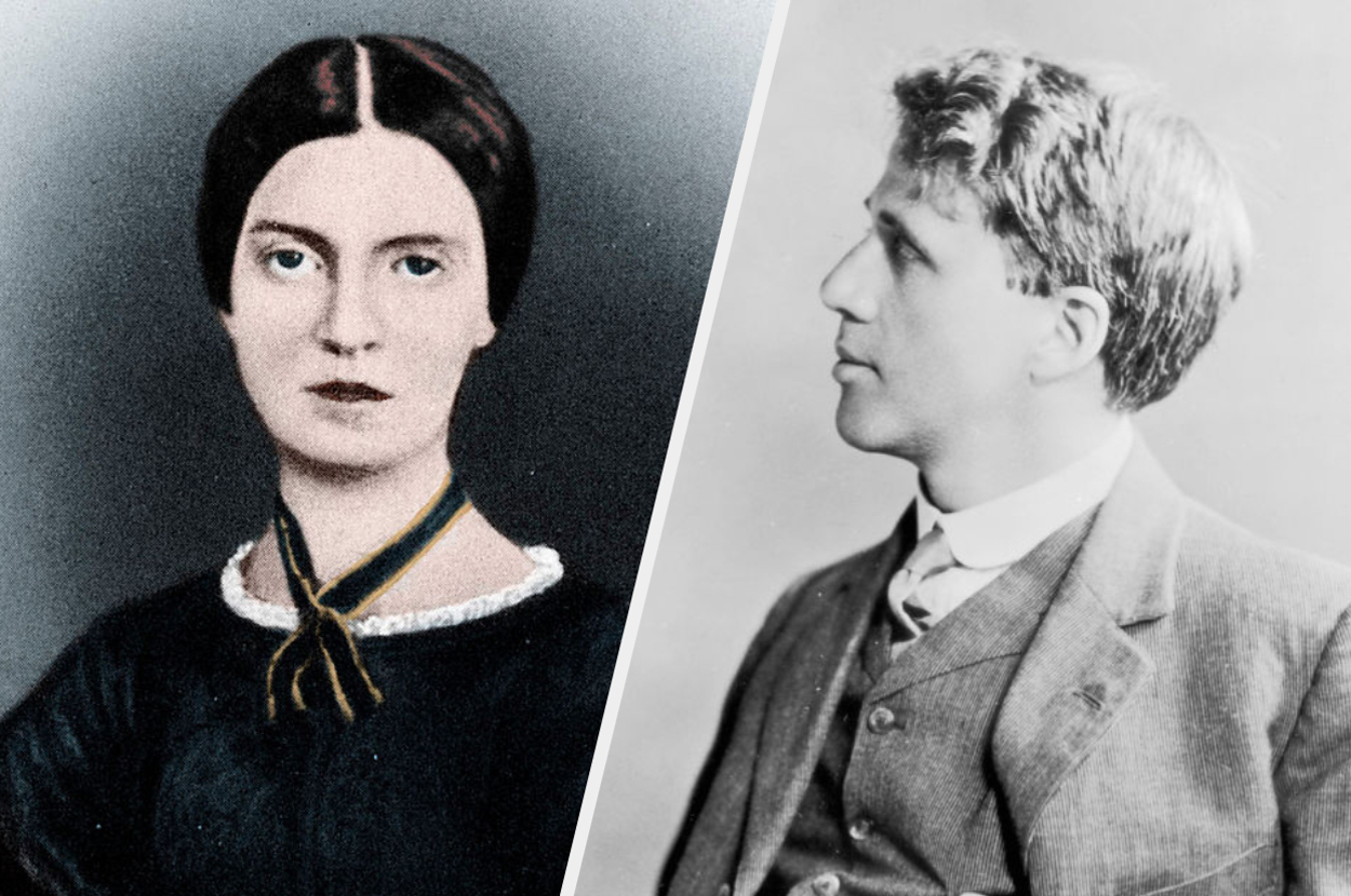 Two historical portraits side by side; Emily Dickinson in formal 19th-century attire and Robert Frost in an early 20th-century suit, both with serious expressions