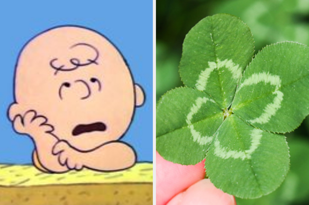 Cartoon boy with a worried expression beside a hand holding a four-leaf clover