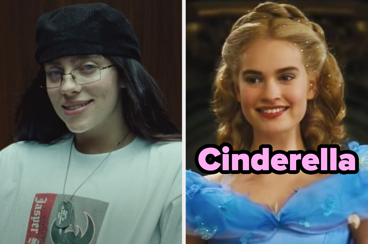 On the left, Billie Eilish smiling in the Birds of a Feather music video, and on the right, Lily James as Cinderella in the live action movie