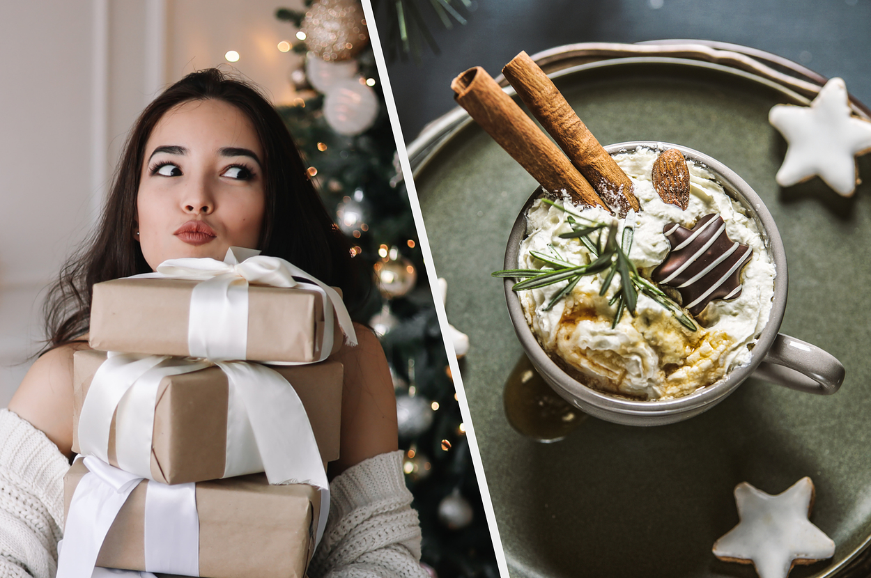 Woman in cozy sweater holding gift boxes, looking pensive; next to a festive mug topped with whipped cream, cinnamon sticks, and rosemary. Holiday theme